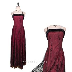 Vintage Nightway Prom Dress Maxi Gown 6 Red Black 90S Y2K Goth Floral Velvet